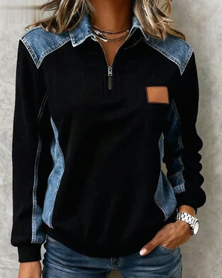 Topp Dragkedja Denim Patchwork Slag