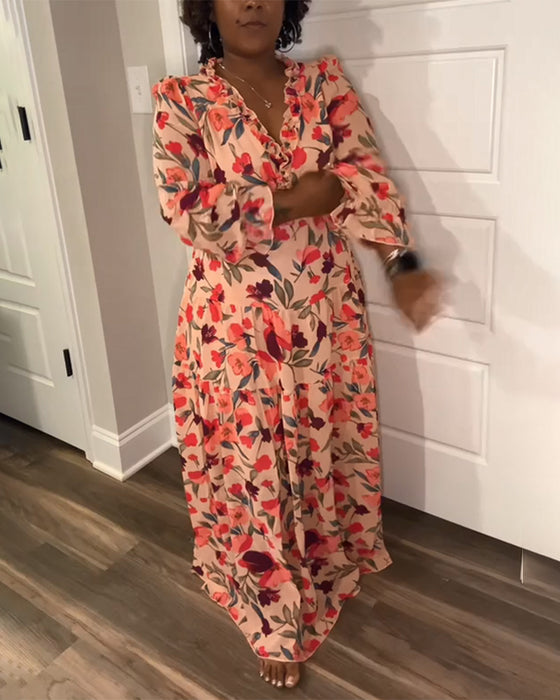 Klänning V-Ringad Lång Ärm Blommig