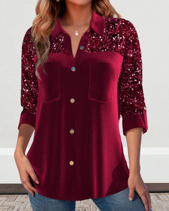 Solid skjorta med lapelknappar i paljettpanel