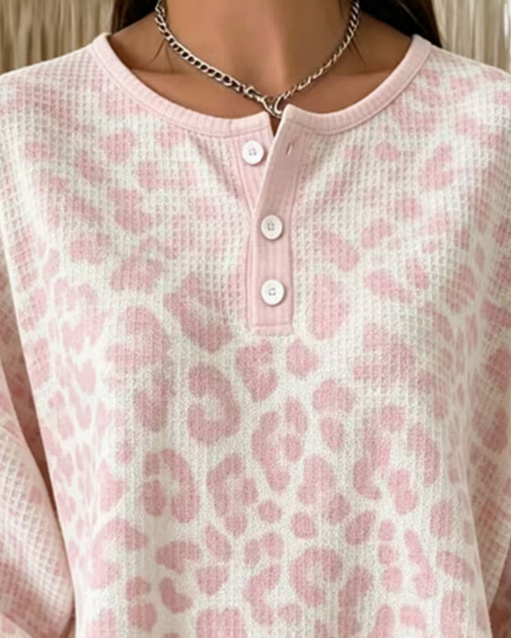 Tröja Rund-Hals Knapp-Rad Leopard Ledig