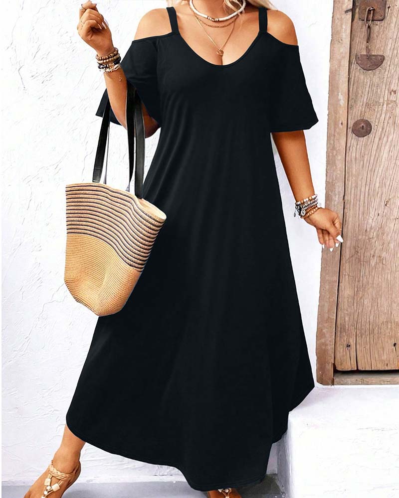 Klänning Enfärgad V-Ringning Off-Shoulder Lång