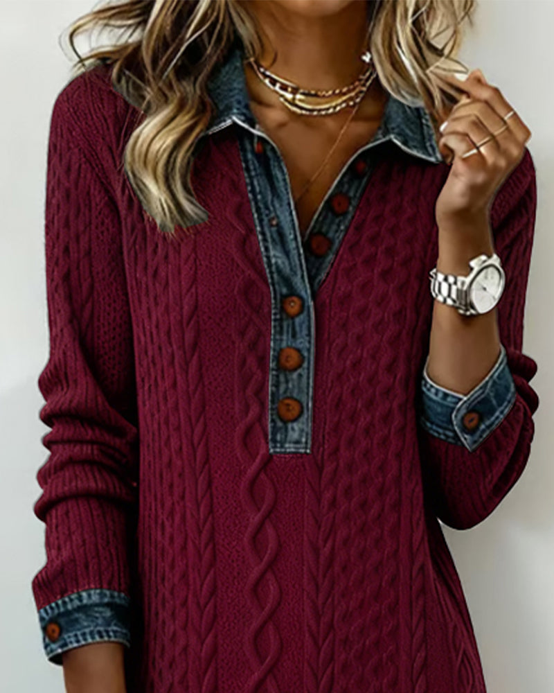 Kragklänning I Denim Med Flätstickning Och Lappverk