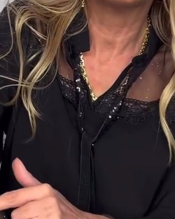 Blus Enfärgad Patchwork Långärmad