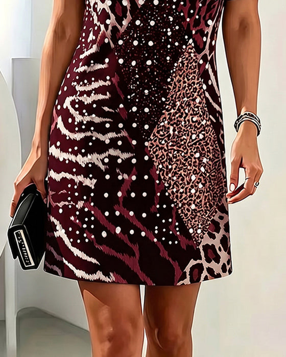 Klänning Leopardmönster Rundhalsad Kortärmad Patchwork
