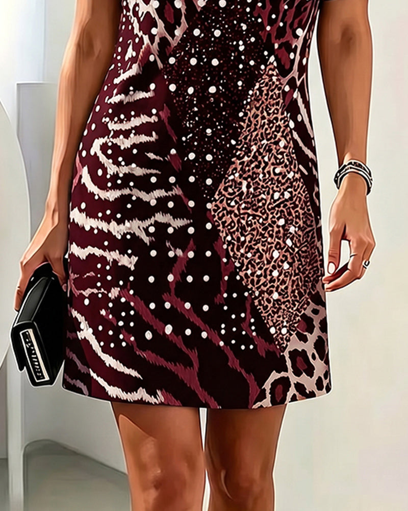 Klänning Leopardmönster Rundhalsad Kortärmad Patchwork