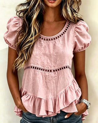 Blus Puffärm Genombruten Kortärmad