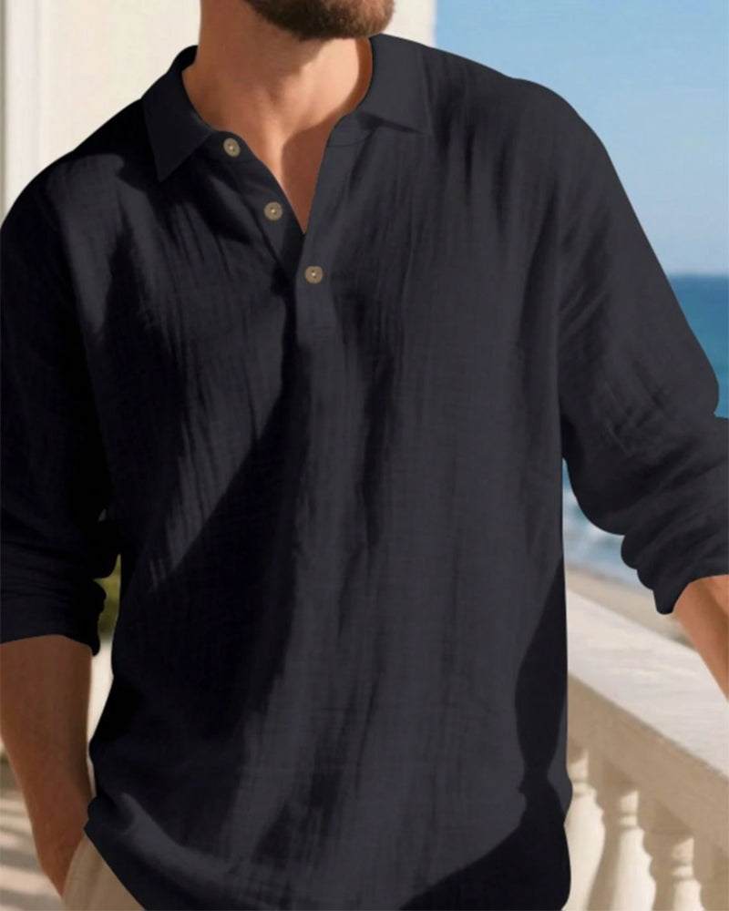 Skjorta Herr Lättvikt Lös Linne Långärmad Polo