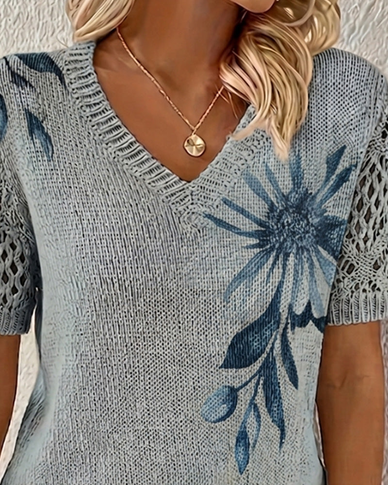 Pullover V-Ringning Stickad Blommig