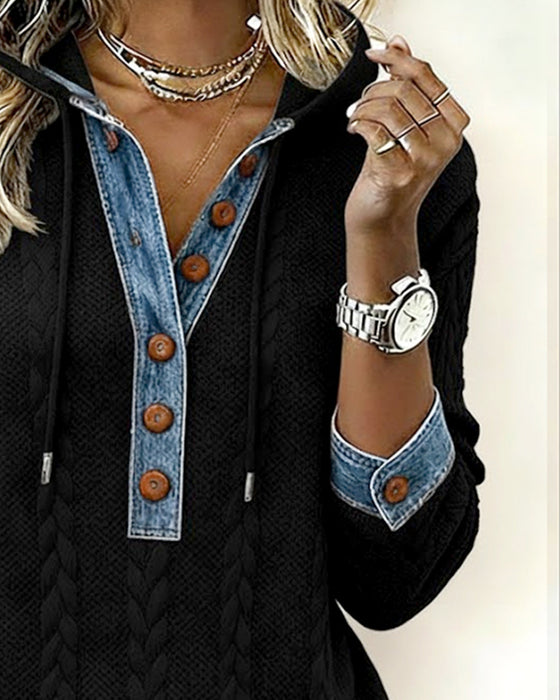 Färgblockad Långärmad Hoodie Med Knappar