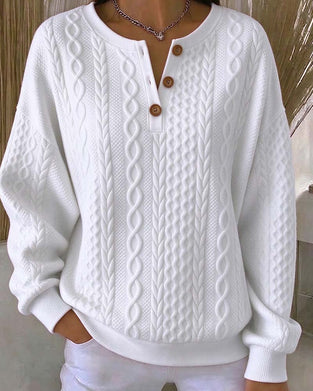 Sweatshirt V-Hals Knappad Fläta Enfärgad
