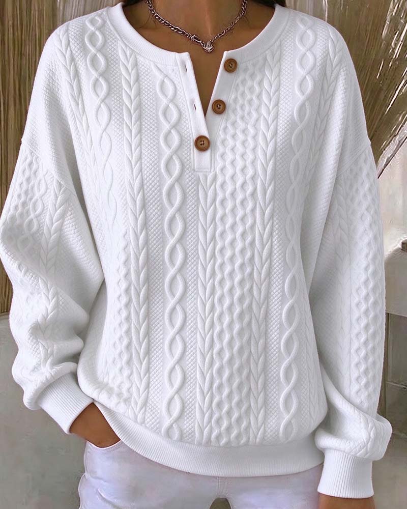 Sweatshirt V-Hals Knappad Fläta Enfärgad