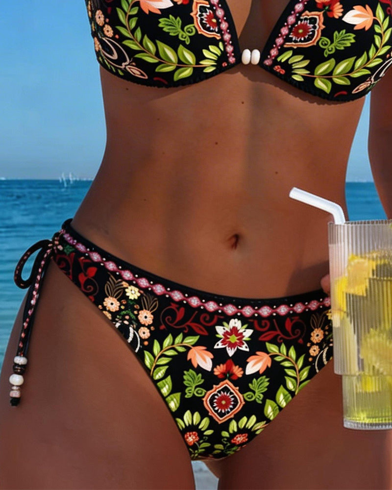 Bikini Etnisk Stil Blommig Halsringning Tvådelad