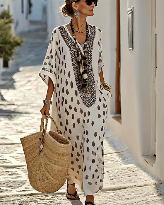 Klänning V-Ringning Prickig Semester Tryck
