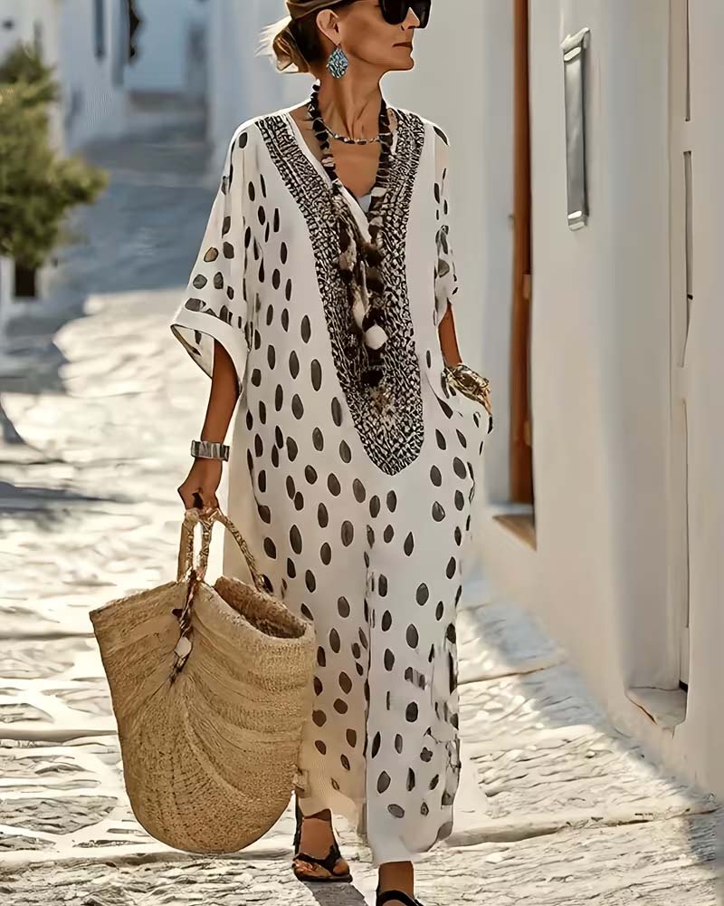 Klänning V-Ringning Prickig Semester Tryck
