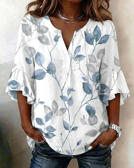 Blus Flutter Flare Ärm Blad Tryck