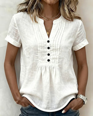 Blus Kortärmad Veckad Halvknäppning Bomull Och Linne V-Ringning