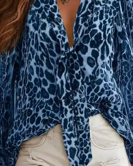 Skjorta V‑hals Leopardmönster Genomskinlig Långärmad
