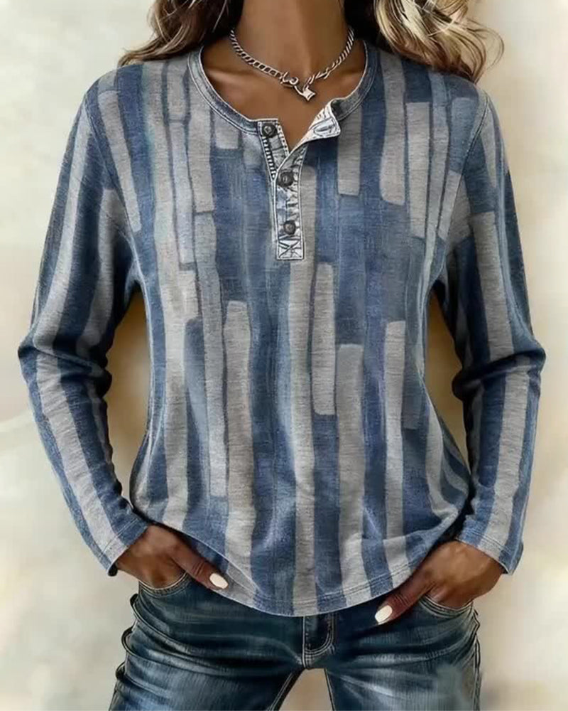 Tryckt Topp Med Knappskjortkrage Och Långa Ärmar