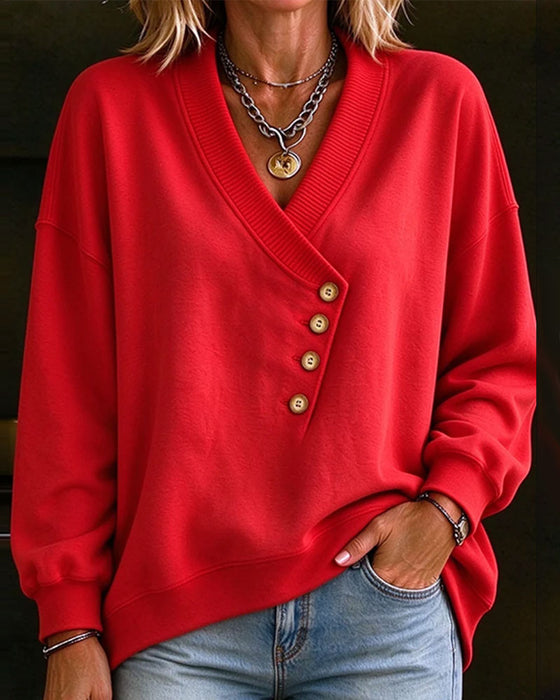 Sweatshirt Diagonal Knapp V-Hals Pullover