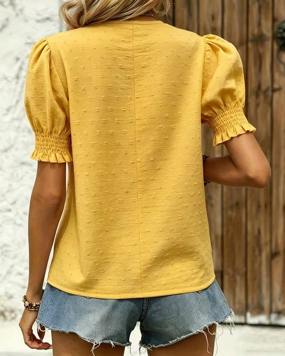 Blus Bubbel Ärm V-Hals Jacquard