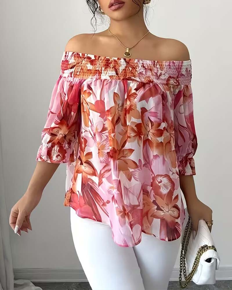 Blus Off-Shoulder Tryck Bubbel Ärm