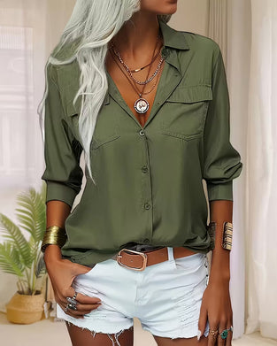 Kvinnors Skjorta Med Dubbel Lomme Detalj, Enfärgad Design