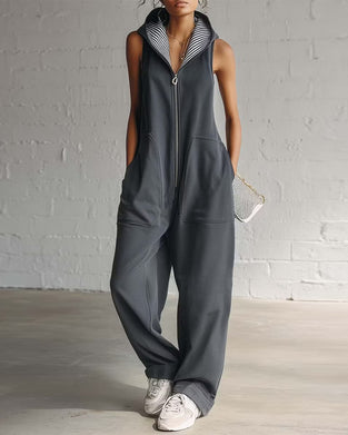 Enfärgad Jumpsuit Med Huva Och Ficka
