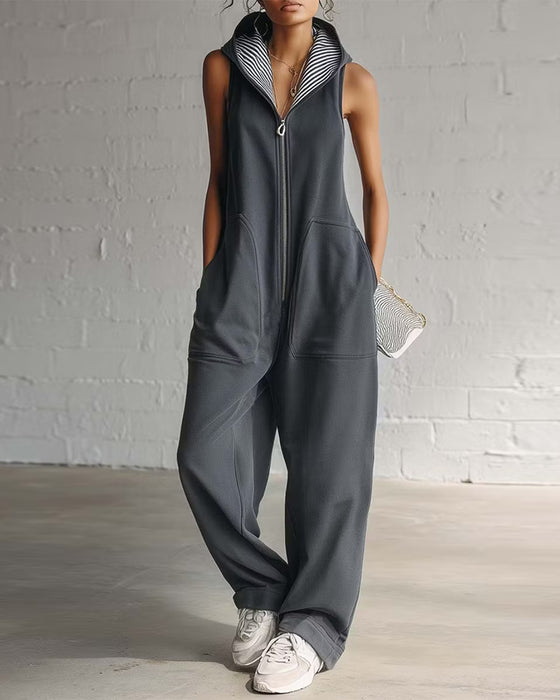 Enfärgad Jumpsuit Med Huva Och Ficka