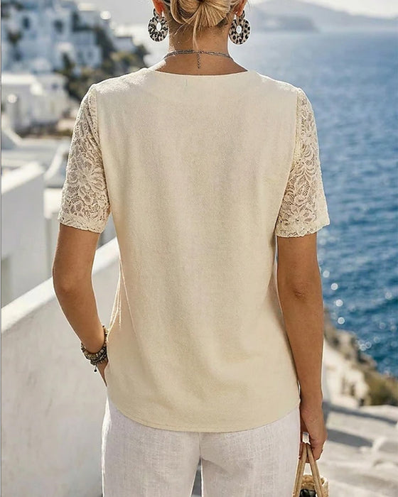 Blus V-Hals Spets Patchwork Solid