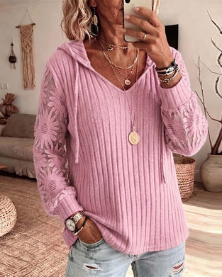 Blus Huvudbeklädd V-Hals Spets Patchwork Ribbad