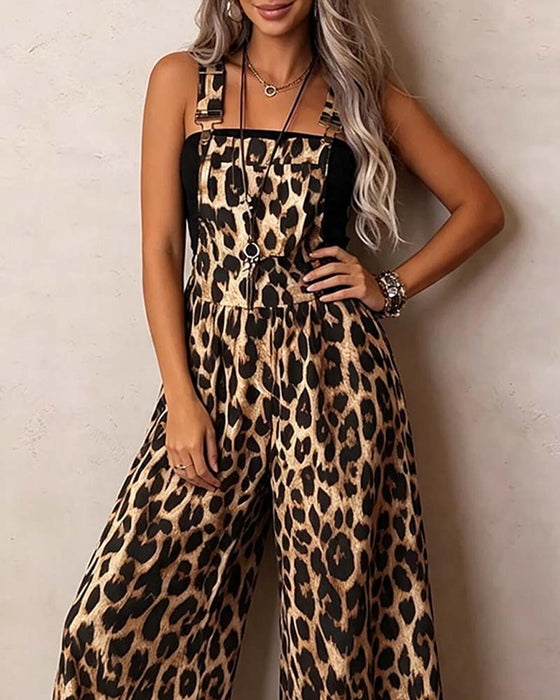 Jumpsuit Leopard Hög Midja Bred Ben Hängslen