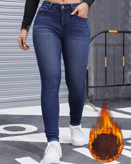 Jeans Dam Fleecefodrad Enfärgad Ficka
