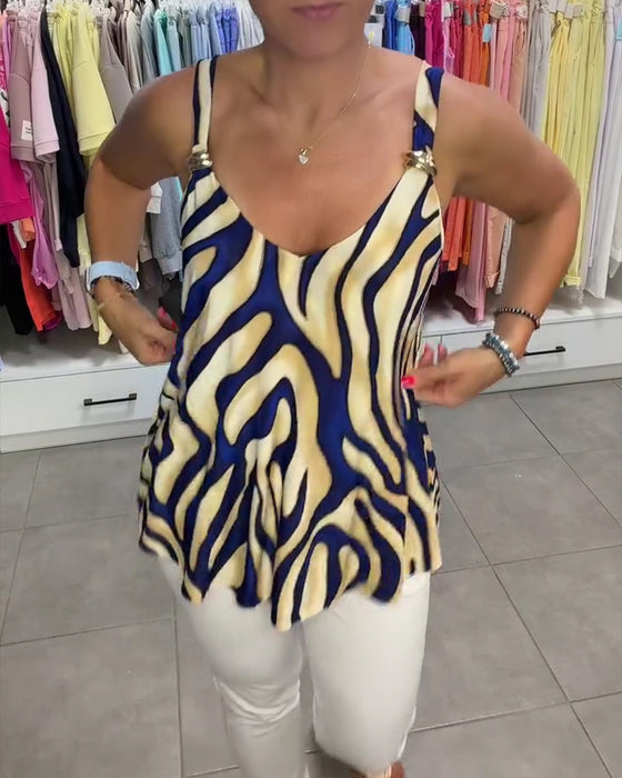 Blus V-Hals Spagettiband Zebra Tryck Metallknapp