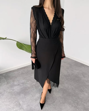 Två-Dels Set Med V-Hals Spets Top, Asymmetrisk Midikjol Och Elegant Stil