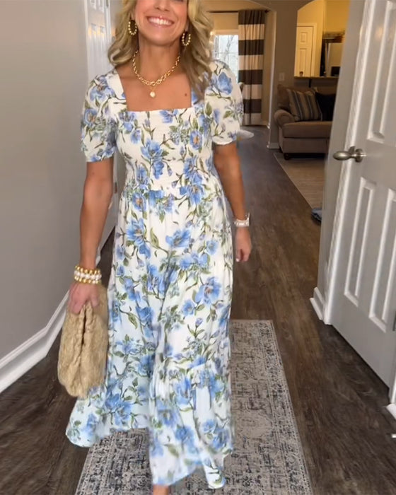 Klänning Fyrkantig Urringning Plisserad Blommig A-Linje