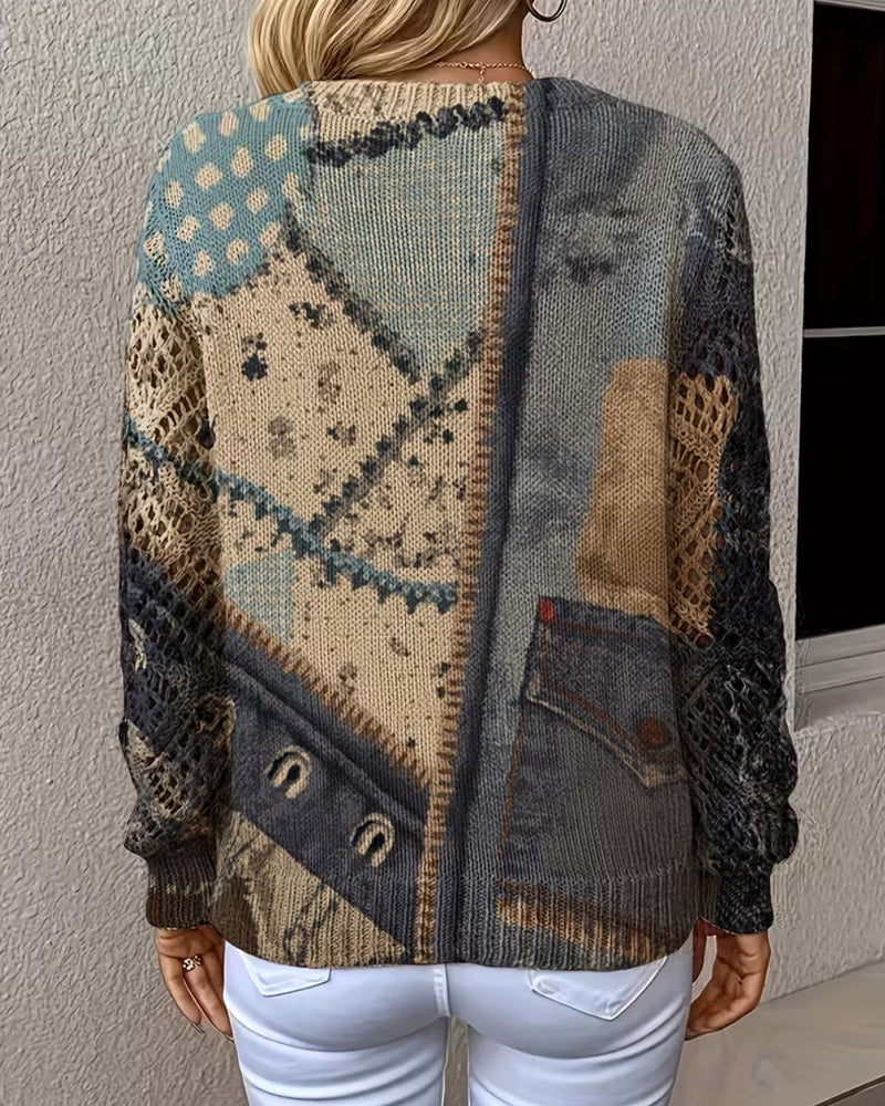 Pullover V-Hals Färgblock Urholkning Lös
