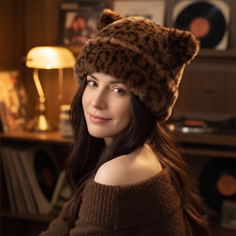 Hatt Leopardmönster Plysch Kattöra