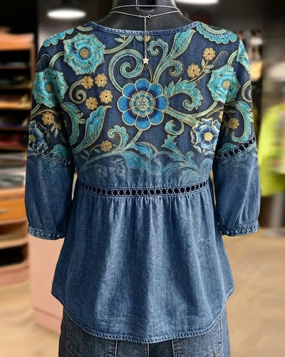 Blus Hål Ut Tryck Vintage