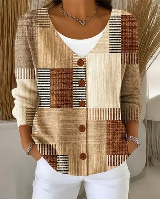Cardigan Vintage Färgblock Rutig Patchwork