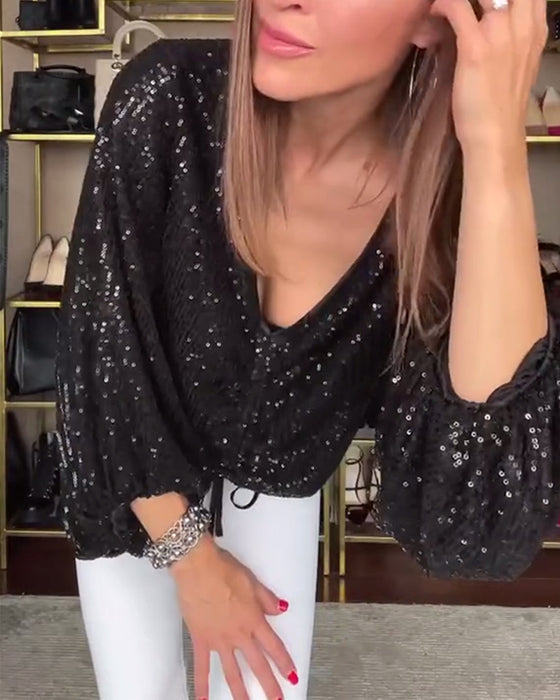 V-Ringad Blus Med Lanterneärm Och Paljetter