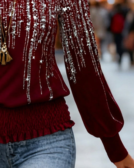 Modig Tryckt Långärmad Topp Med Runt Halsutsnitt