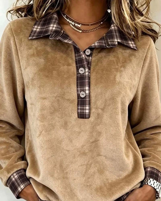 Sweatshirt Slag Knapp Rutig Patchwork