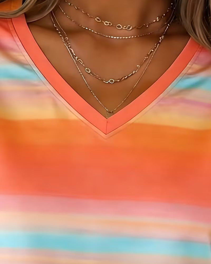 Sweatshirt Regnbåge Ombre Horisontell Rand V-Hals