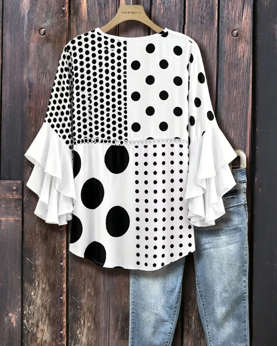 Blus Blandad Prickig Patchwork Ruffle