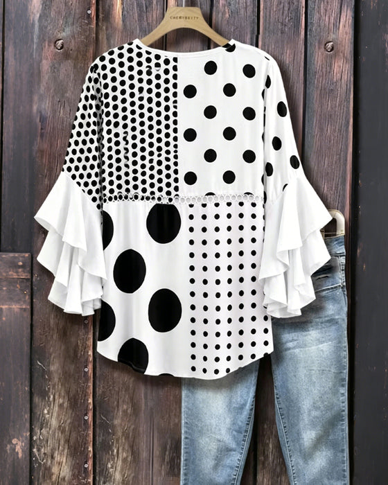 Blus Blandad Prickig Patchwork Ruffle
