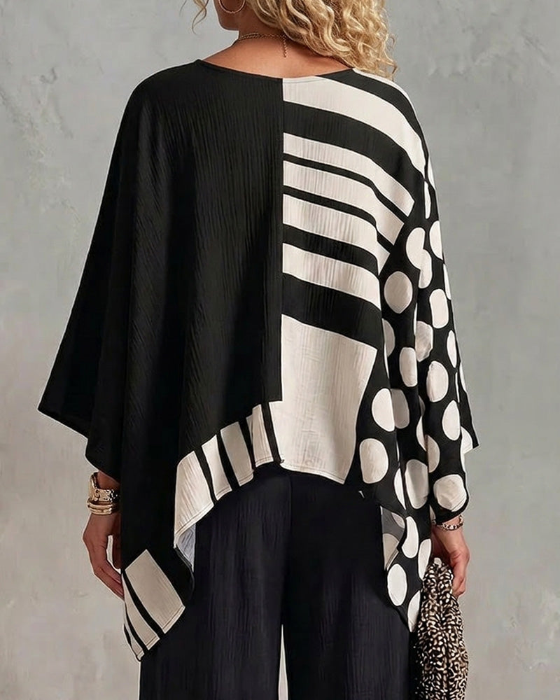 Blouse Polka Dot Rand Patchwork V Ringning