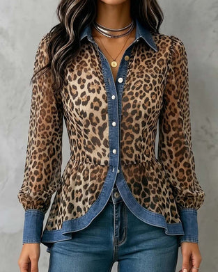 Blus Denim Leopard Patchwork Midjeknyt