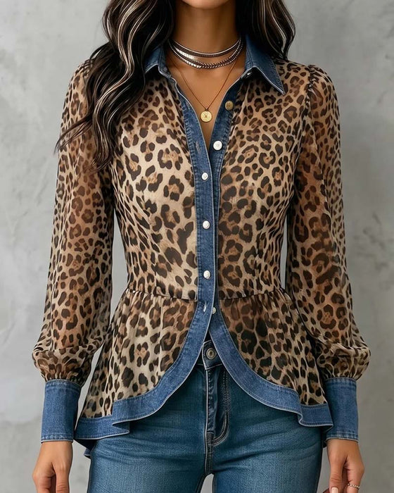 Blus Denim Leopard Patchwork Midjeknyt