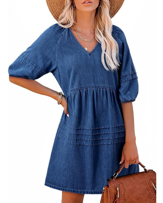 Klänningar Denim V-Hals Puff Ärm