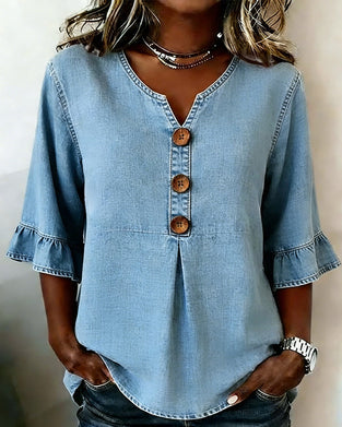 Blus V-ringning Utsvängd Ärm Denim